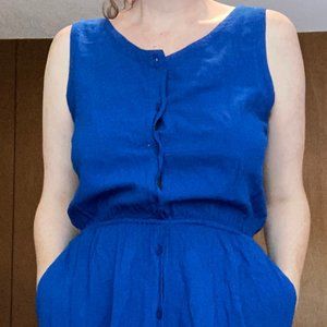 Cobalt blue crinkle cotton dress, cinched waist + A-line skirt, women's L